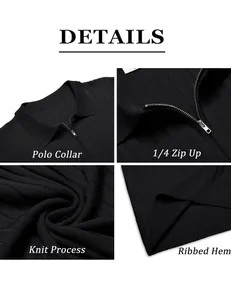 Detailansicht eines schwarzen Strick-Poloshirts mit Reißverschluss und Rippstruktur