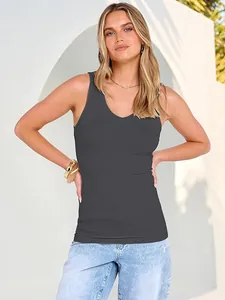 Close-up detail of a dark grey V-neck ribbed tank top with a slim fit knitted design