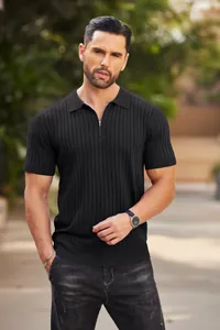 Klassisches schwarzes Herren-Strick-Poloshirt mit Reißverschluss und Rippenstruktur