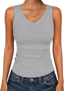 Close-up of a women's grey ribbed V-neck slim fit tank top, casual sleeveless knit
