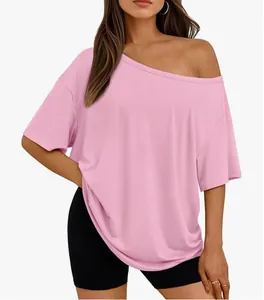 T-shirt rosa casual da donna con spalle scoperte, vestibilità ampia, maniche corte