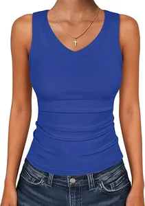 Detail view of royal blue V-neck ribbed tank top featuring slim fit and soft knit fabric.
