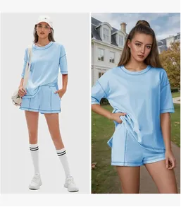 Damen 2-teiliges Lounge-Set aus hellblauer Baumwolle mit T-Shirt und Shorts
