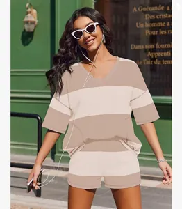 Casual striped two-piece set with V-neck short sleeve top and matching shorts for summer.