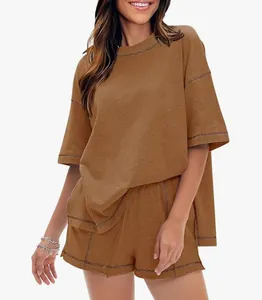 Lässiges Damen-Zweiteiler-Baumwollset mit Oversized-T-Shirt und Shorts in Braun
