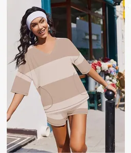 Casual women's striped two-piece sportswear set with short sleeve V-neck top and shorts