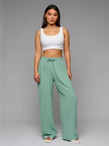 Women High Waist Wide Leg Casual Pants Loose Solid Color Drawstring Trousers Floor Length Drape Texture Summer Bottom