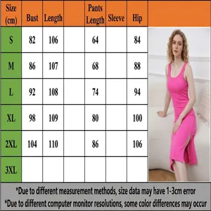 Size chart for elegant women's ribbed sleeveless square neck slit dress with measurements