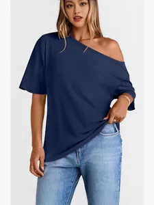 T-shirt donna blu navy con spalla scoperta, top estivo casual e ampio alla moda