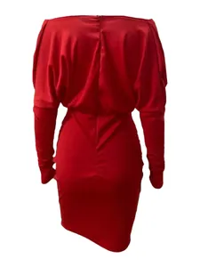 Back view of a sexy red long sleeve bodycon mini dress for women with waist detail.