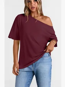 Maglietta da donna bordeaux con spalle scoperte, top estivo casual e ampio a maniche corte