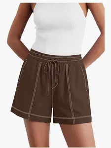 Pantaloncini Casual da Donna Vita Elastica Coulisse Estate Impunture Tasche Tinta Unita Pantaloni Moda per Quotidiano Spiaggia