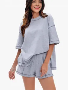 Damen Baumwolle Lounge Top Und Bottom Kurzarm T-Shirt Und Kordelzug Shorts Lässig Sportlicher Trainingsanzug Mit Ziernaht Sommer Alltag