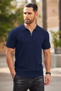 Herren Kurzarm Polo-Shirt aus dunkelblauem Rippstrick mit modernem Reißverschluss