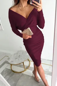 Elegant burgundy V-neck long sleeve ruched bodycon dress, perfect for autumn and winter.