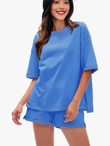 Blaues 2-teiliges Baumwoll-Lounge-Set für Damen mit T-Shirt und passenden Shorts