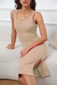 Elegant khaki ribbed sleeveless square neck midi dress featuring a stylish side slit detail