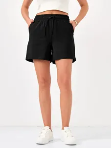 Women's black casual sports shorts with elastic waist and drawstring detail