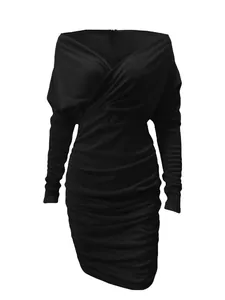 Elegant black long sleeve V-neck ruched bodycon dress featuring slimming gathered detail