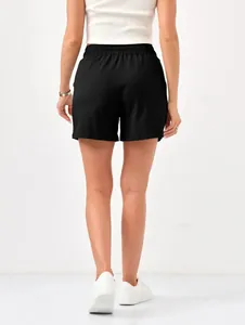 Back view of black women's casual summer shorts with comfortable elastic waist band