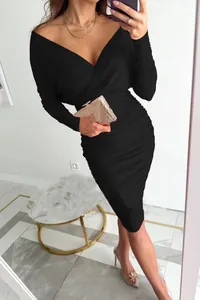 Elegant black long sleeve V-neck bodycon wrap dress with waist ruching for women.