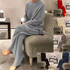 Set Top And Bottom in Maglia Misto Lana Casual da Donna Maglione a Costine Pantaloni a Gamba Larga Due Pezzi Manica Lunga Girocollo
