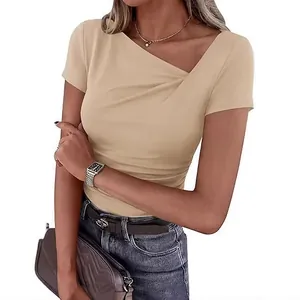 Haut T-Shirt Femme avec Encolure Asymétrique Froncé Coupe Slim en Mélange de Coton Manches Courtes Minimaliste Couleur Unie Décontracté Élégant