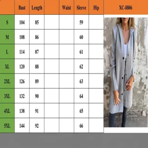 Tabella taglie cappotto lungo grigio con cappuccio monopetto donna, tolleranza 1-3cm.