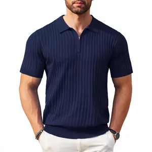 Herren Sommer dunkelblau gestricktes Polohemd mit Reißverschluss und Rippenmuster