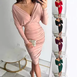 Women Sexy V-Neck Ruched Bodycon Dress Elegant Solid Color Long Sleeve Slim Fit Autumn Winter Midi Party Dress