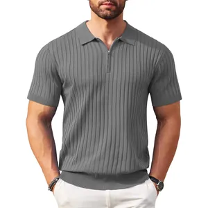 Hochwertiges graues Herren-Strick-Poloshirt mit kurzen Ärmeln und Viertelreißverschluss