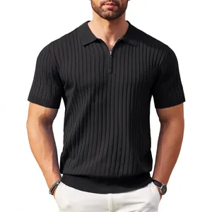 Schwarzes geripptes Herren-Polohemd mit Reißverschluss, modisches Kurzarm-Strickoberteil