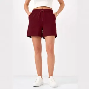Women's casual burgundy summer shorts with elastic drawstring waist and side pockets