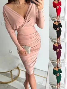 Elegant V-neck long sleeve ruched bodycon midi dress available in five stylish colors