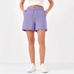 Comfortable women's summer casual purple shorts with drawstring, elastic waist and pockets
