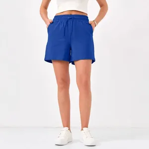 Women's casual blue sports shorts with elastic drawstring waist and side pockets.