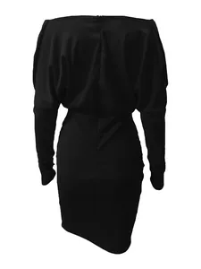 Detailed rear view of a black long-sleeved bodycon dress with elegant draped back details