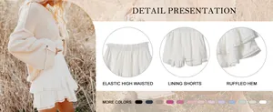 Detail view of a white Bohemian tiered mini skirt featuring elastic waist and lace trim.