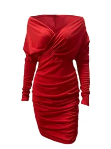 Elegant red long-sleeved bodycon dress featuring a ruched V-neckline and slim fit silhouette