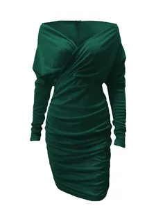 Elegant dark green V-neck long sleeve bodycon dress with ruched details for winter season