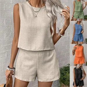 Detailed view of the women's minimalist sleeveless top and shorts set in multiple colors
