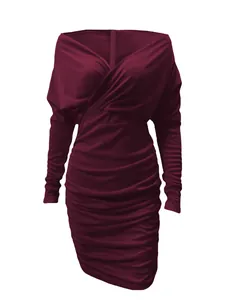 Elegant burgundy V-neck ruched bodycon long sleeve dress for autumn and winter season