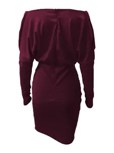 Elegant back view of a long-sleeved burgundy bodycon dress with an asymmetrical hem