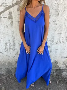 Elegant electric blue lace cami maxi nightdress for summer beach and vacation wear