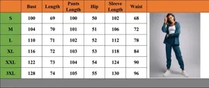 Size chart for women's oversized corduroy lapel shirt and trousers casual set