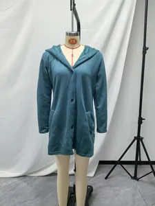 Detailed view of women's teal hooded long-sleeve fleece jacket with single-breasted buttons