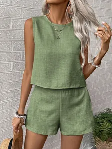 Detailed view of casual olive green linen sleeveless top and shorts set for women