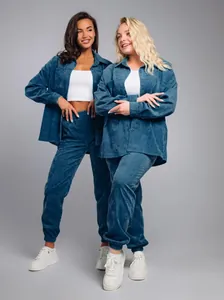 Womens vintage loose fit corduroy button shirt and matching jogger pants set in dusty blue