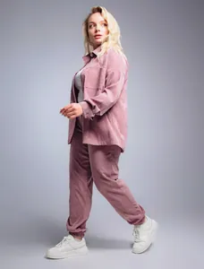 Women's plus size mauve corduroy shirt and matching pants set in a vintage loose fit