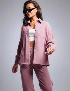 Detailed look at the soft mauve retro corduroy shirt and matching pants set for women